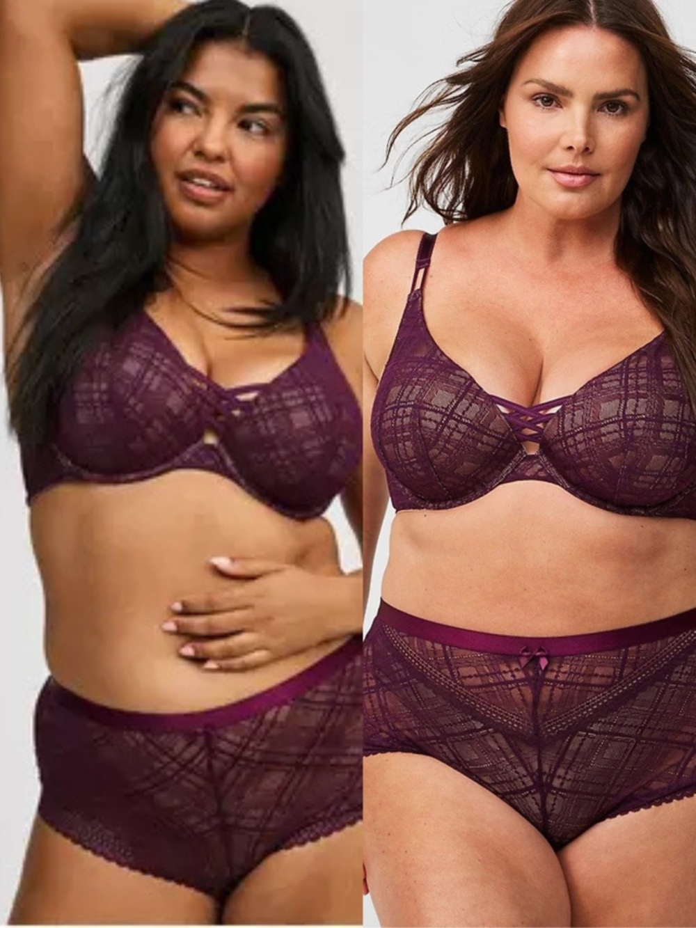 NWT Torrid XO Plunge Push Up Plaid Lace Straight Black Bra in Darkest Plum